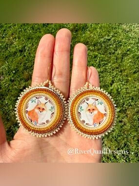 Handmade Beaded Fox Earrings: Cream, Gold, Brown. Native Made Indigenous Art